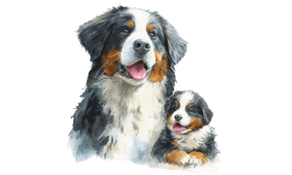 Bernese Mom Puppy Watercolor Art