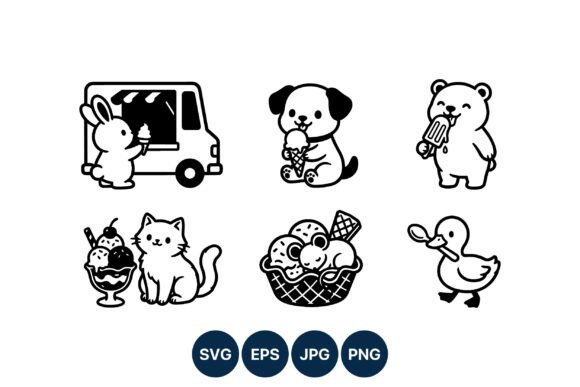 Cute Animal Ice Cream Line Art