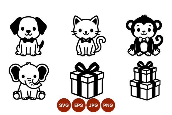 Cute Animal Line Art with Gift Boxes