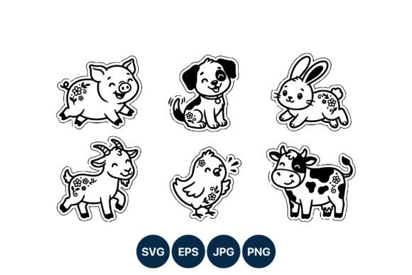 Cute Black White Farm Animals Vector
