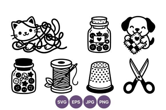 Cute Cat Tangled Yarn Sewing Line Art