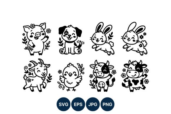 Cute Farm Animals Black White Line Art