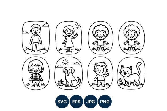 Cute Kids and Pets Line Art Black White