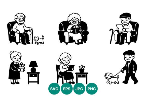 Elderly People Black White Line Art