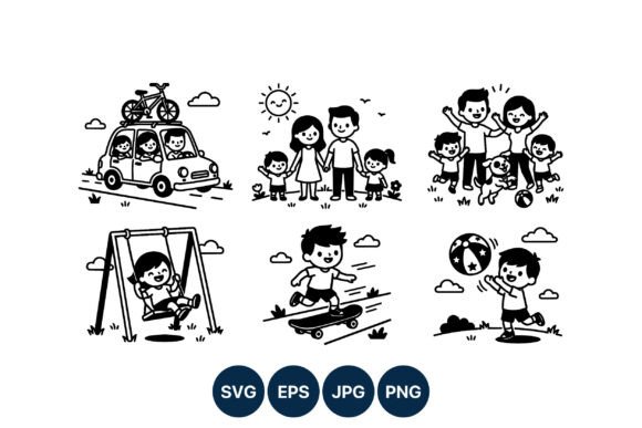 Family Outdoor Play Black White Vector