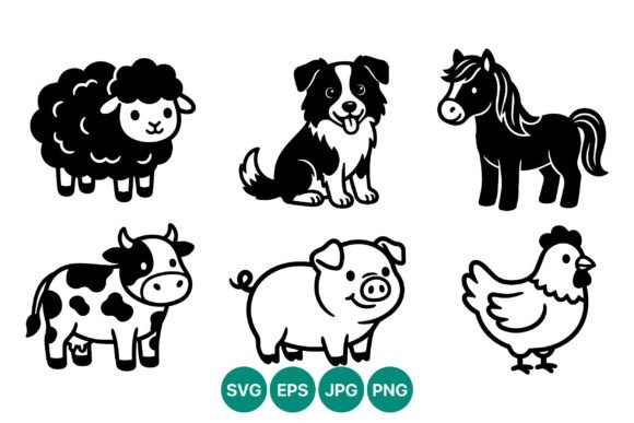 Farm Animals Cartoon Vector Set Black