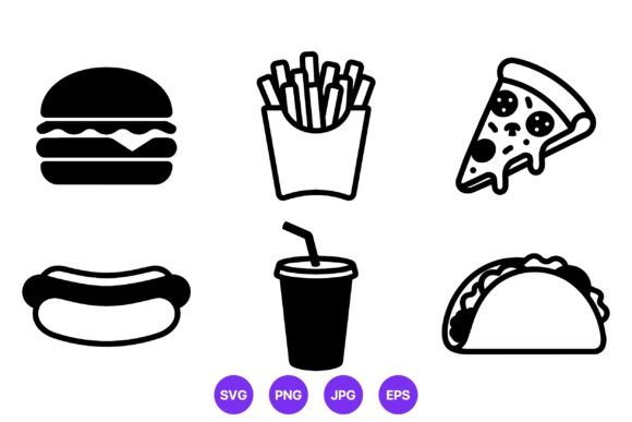 Fast Food Vector Icons Set Black White