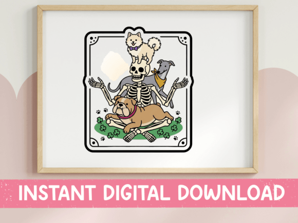 Skeleton Surrounded by Three Dogs Design